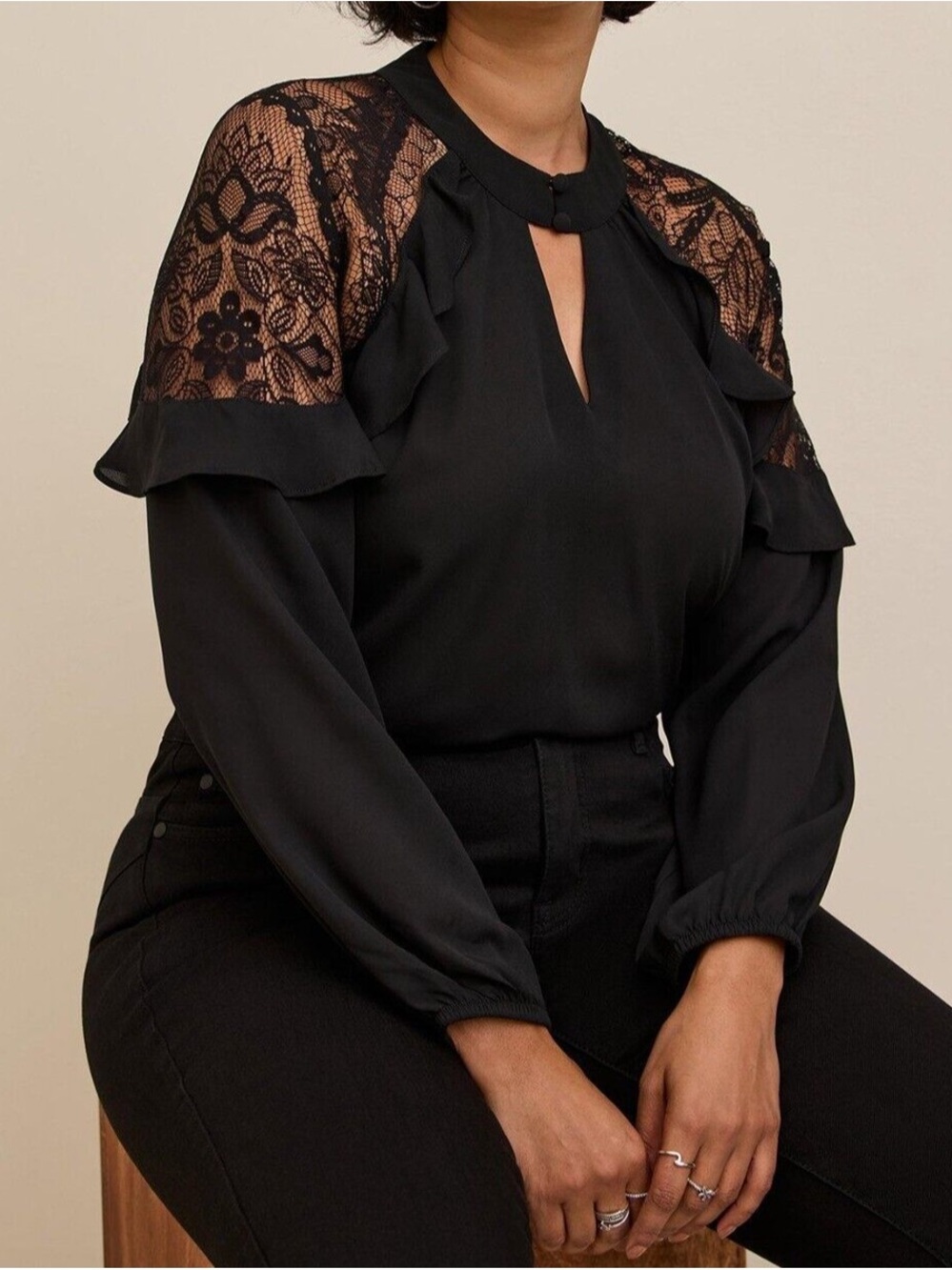 torrid Black Lace Yoke Ruffle Long-Sleeve Blouse